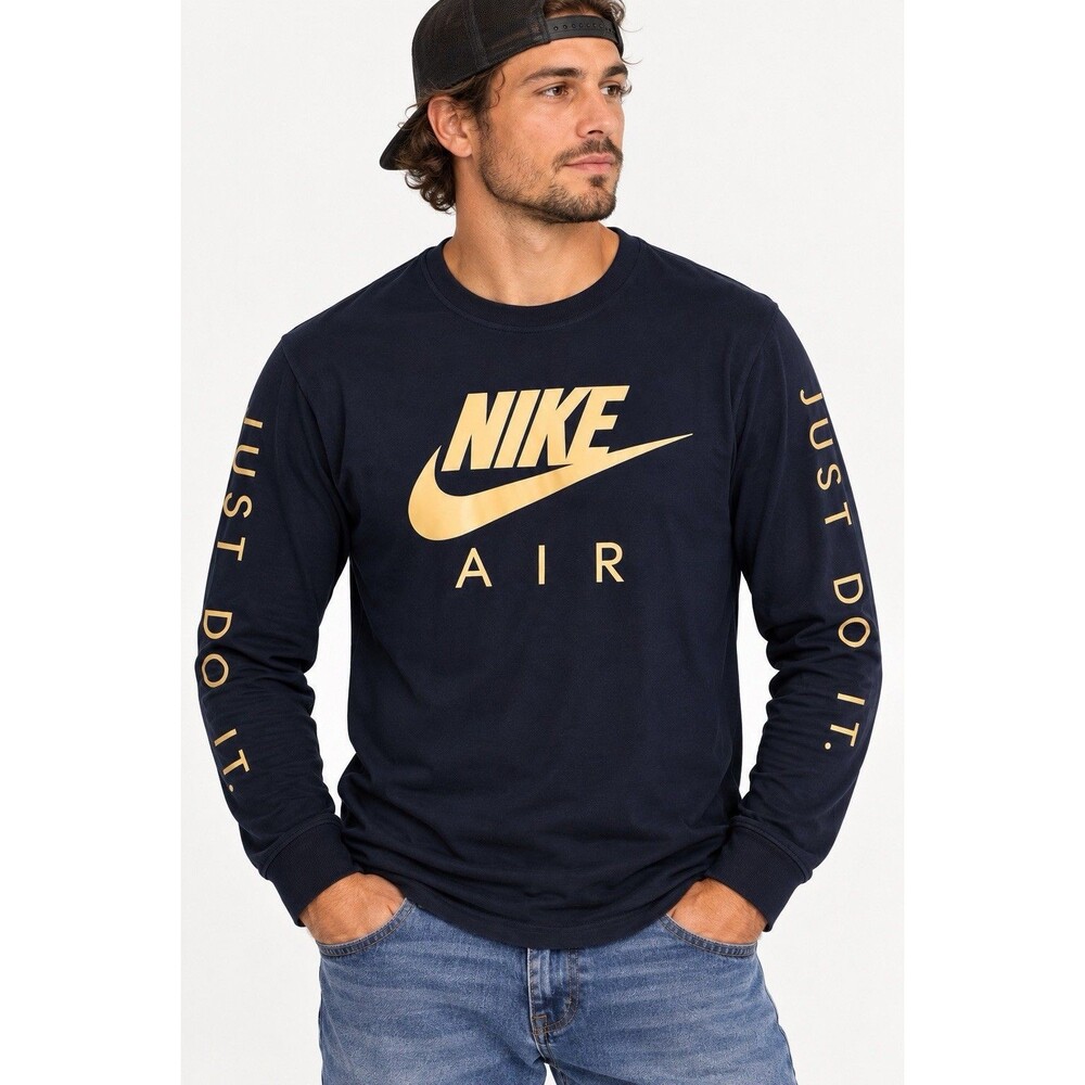 Nike Air Men’s Small Long Sleeve Shirt Navy Gold Just Do It Swoosh Athletic Tee